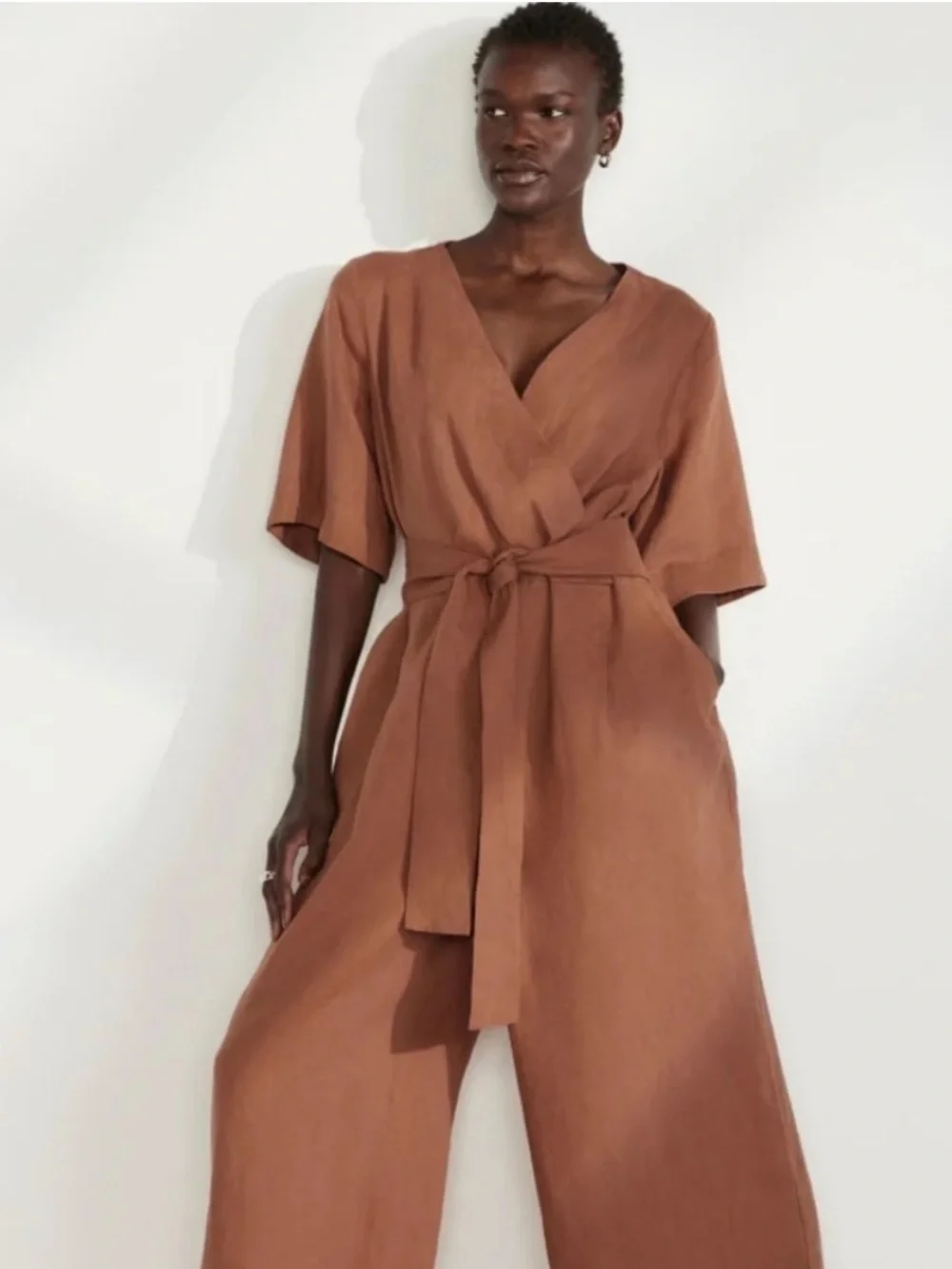 Everlane European Flax Linen Wide Leg Wrap Clay Brown Belted Jumpsuit 10 Summer